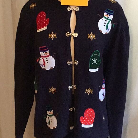 Vintage navy Christmas sweater w/ornate closures - Picture 3 of 8